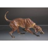 Darstellung eines Jagdhundes bei der Nachsuche (wohl Wiener Bronze), farbig gefasst. L. ca. 20 cm.