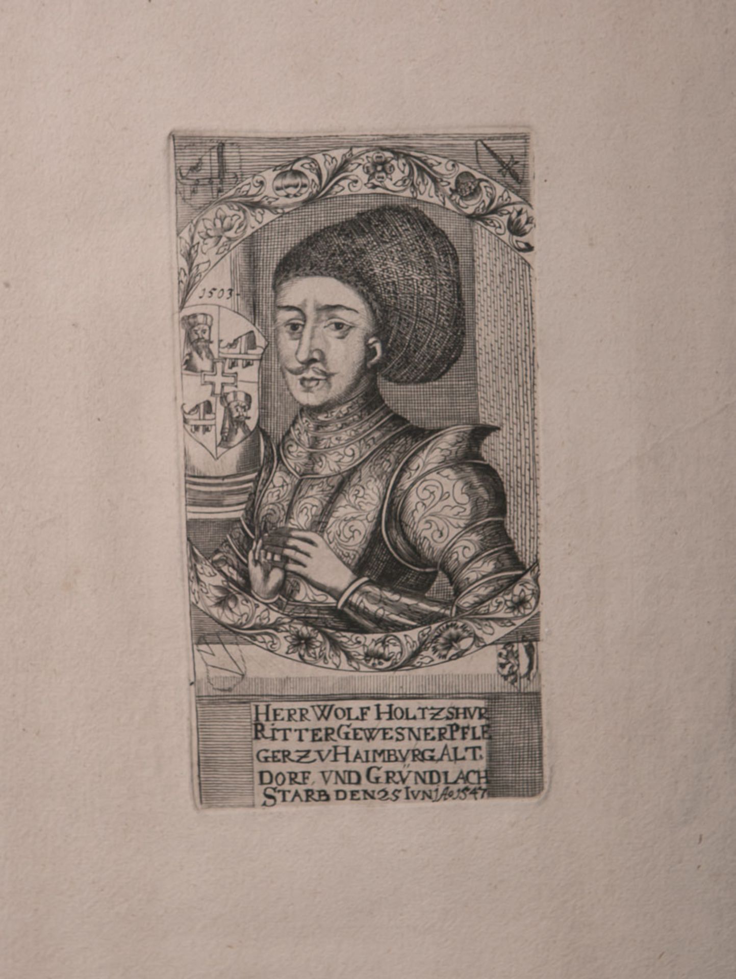 Unbekannter Künstler (16. Jh.), Darstellung eines Ritters, Kupferstich, bez. "Herr Wolf Holtzshur