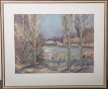 Wagner-Wenzel, Irene (1932 - 2006), Landschaftsdarstellung m. Blick auf einen Fluss, Öl/Pressholz,