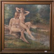 Leiser, O. (20. Jh.), zwei sitzende Frauenakte an einem Bachlauf, Öl/Preßplatte, re. u. sign.,