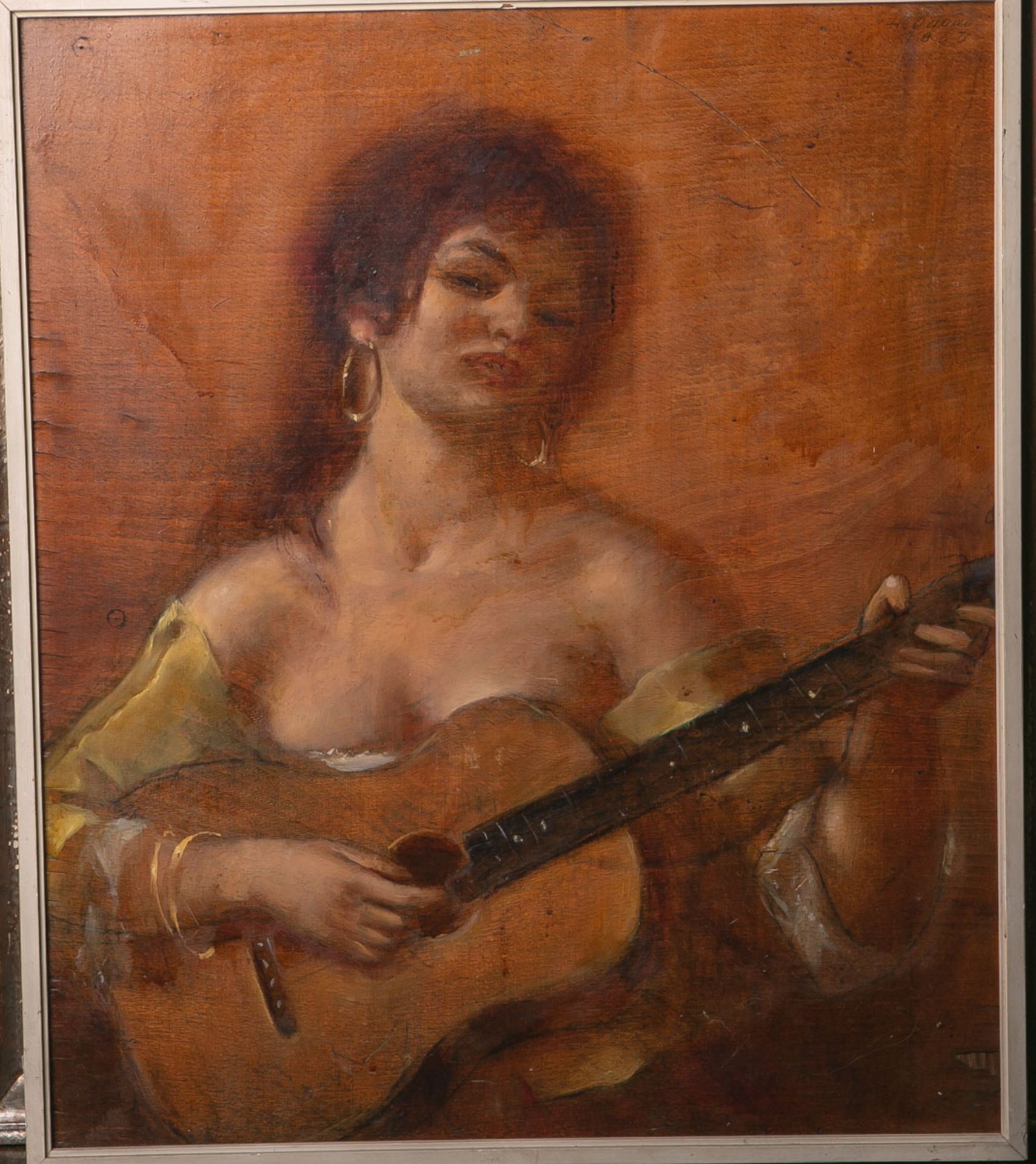Unbekannter Künstler (20. Jh.), Gitarre spielende Spanierin, Öl/Sperrholzplatte, ca- 60 x 52 cm,