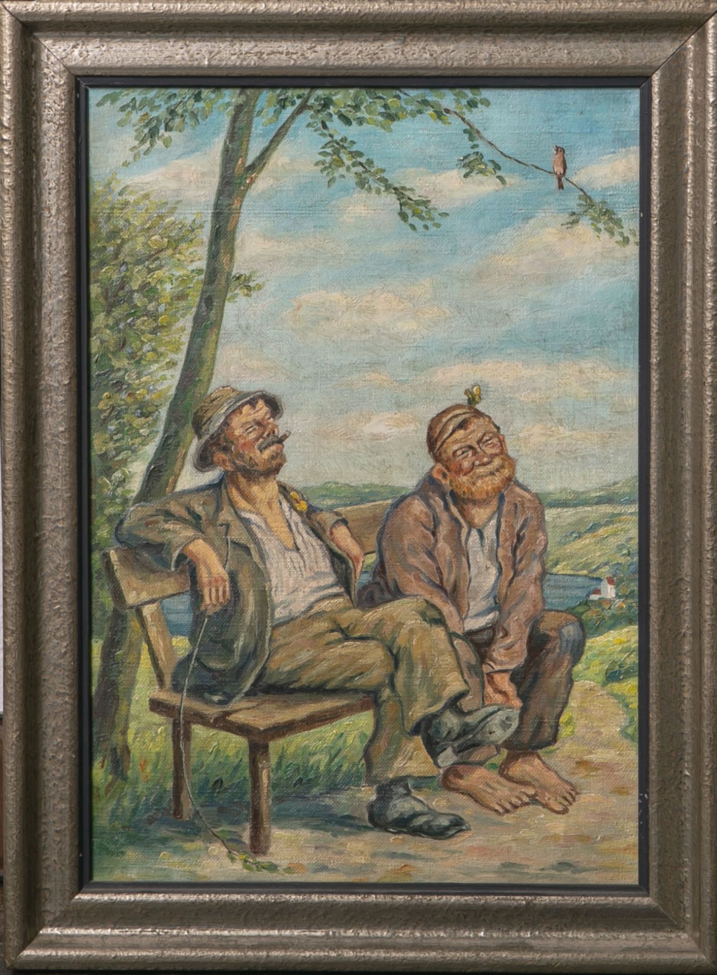 Oertel, Wilhelm (1870 - 1933), zwei lustige Gesellen / Landstreicher auf der Bank sitzend u. das