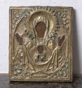 Ikone der "Gottesmutter des Zeichens / Znamenie" (Russland, wohl 19. Jh.), Holz, im Oklad aus Blech,