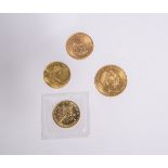 Vier verschiedene Goldmünzen, bestehend aus: 1x Kanada, 5 Dollar (1997), 1/10 Unze, 1x Kanada, 5