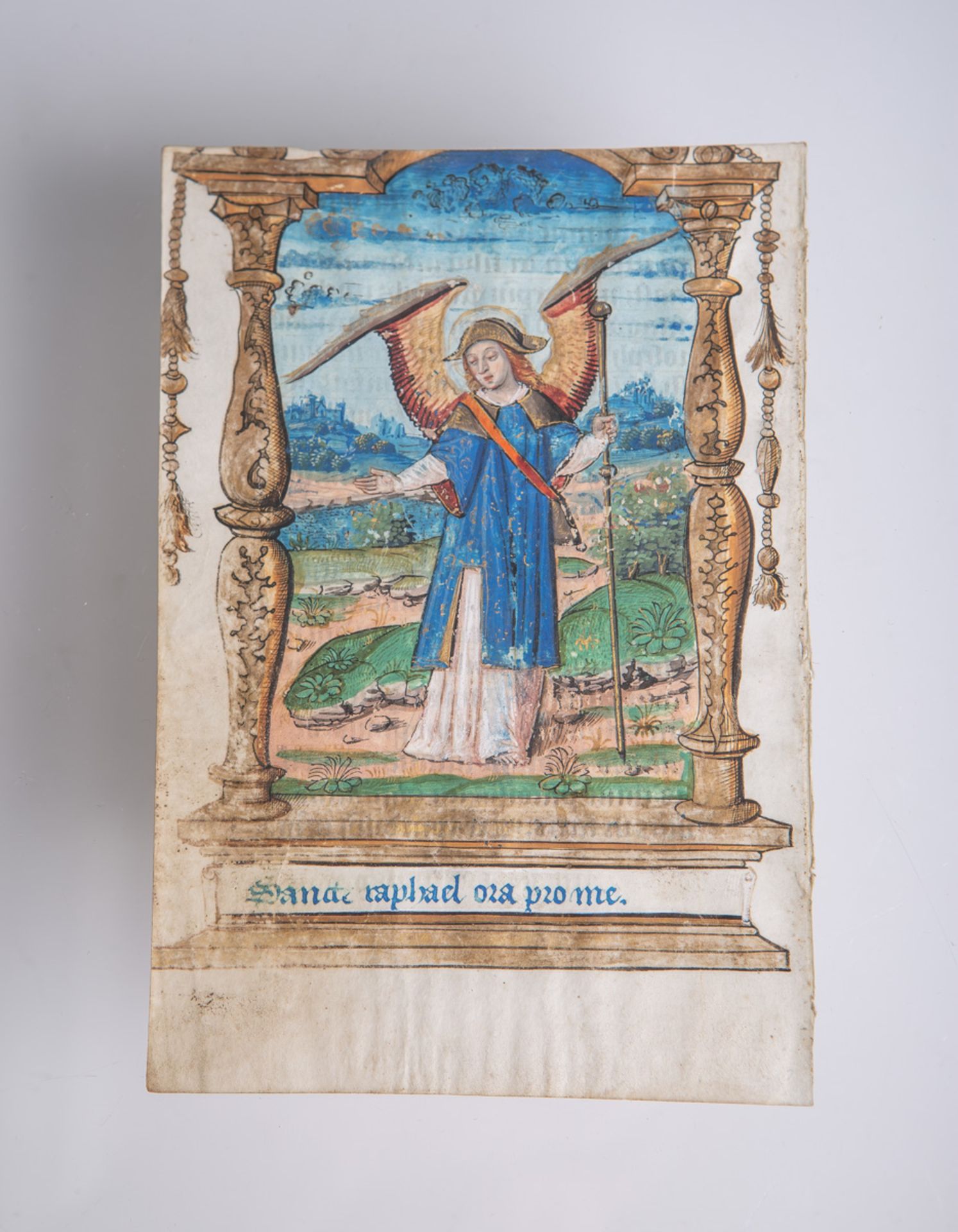 Mittelalterliches Buchblatt (wohl 15. Jh.), "Sancta Raphael ora pro me"