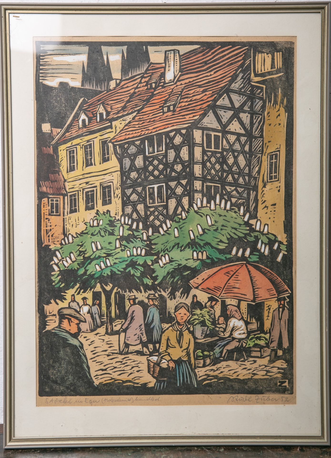 Züber, Rudolf (1909 - 1955), "Stöckl am Eger", handkolorierter Holzschnitt