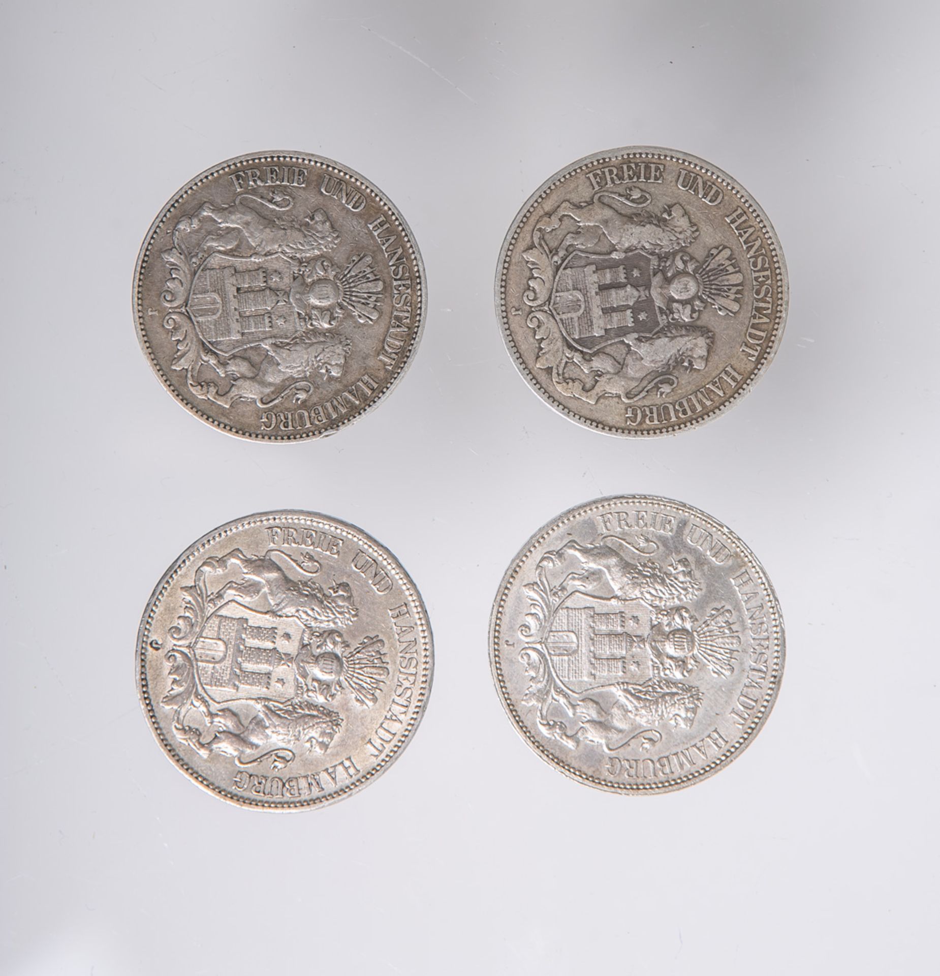 Konvolut von 4x 5-Mark-Münzen "Freie u. Hansestadt Hamburg" (Deutsches Reich)