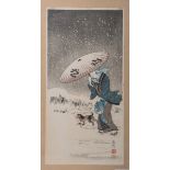 Unbekannter Künstler (wohl 19. Jh.), Darst. einer Geisha in winterlicher Landschaft