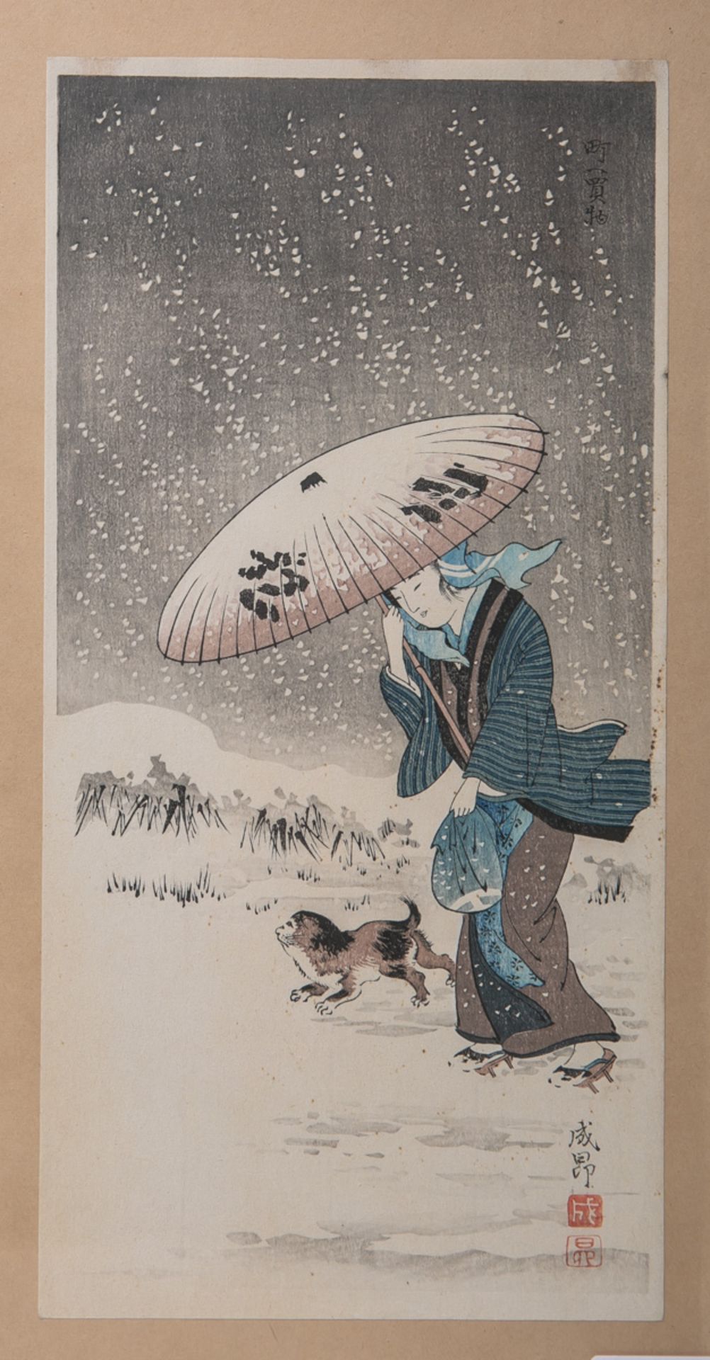 Unbekannter Künstler (wohl 19. Jh.), Darst. einer Geisha in winterlicher Landschaft