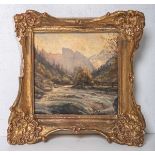 Michelsberger (wohl um 1900), kl. Gemälde m. Wildbach u. imposanter Gebirgslandschaft im Hintergrund