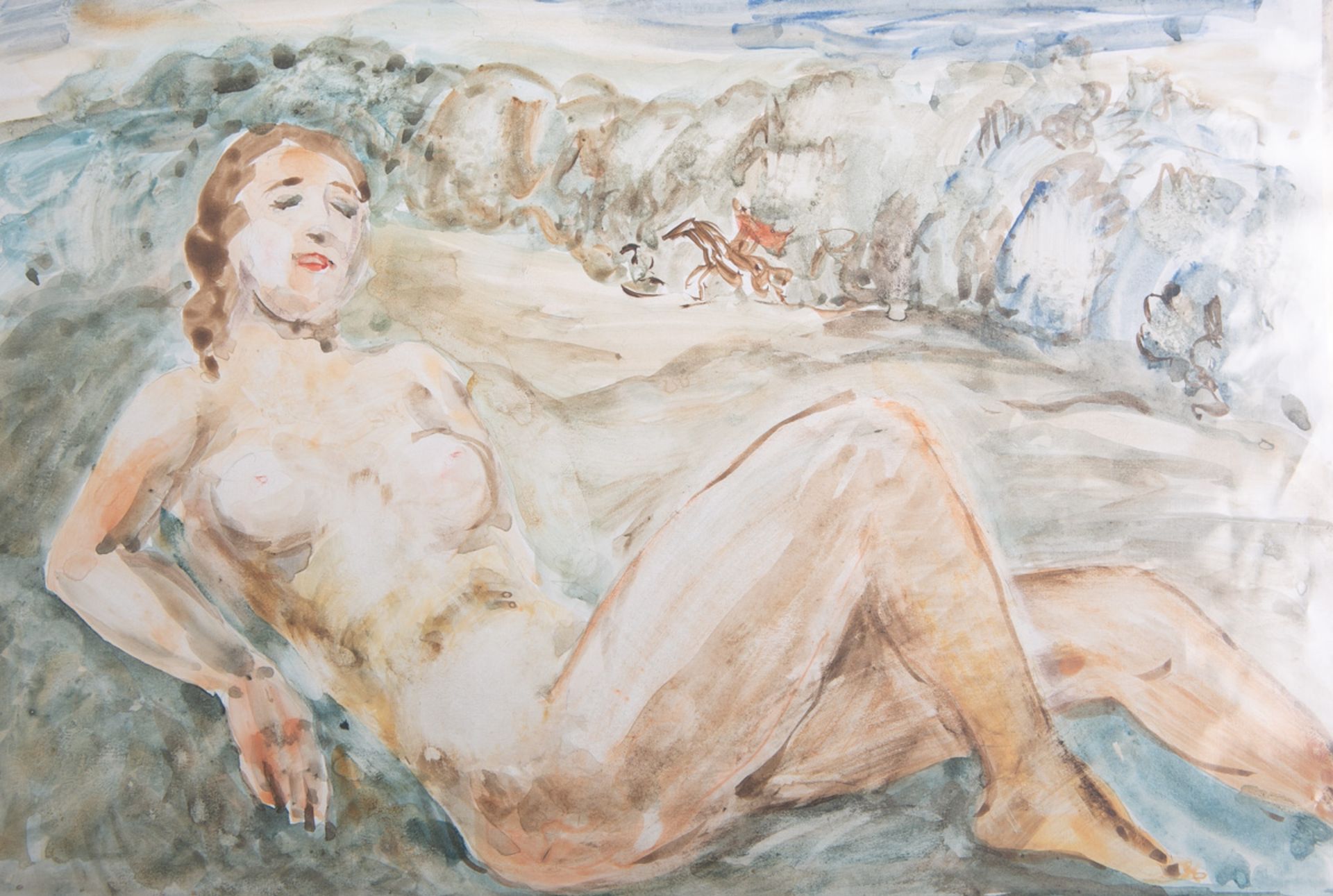 Geissler, Senta (1902 - 2000), liegender weiblicher Akt in Landschaft