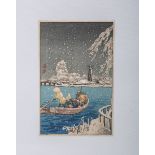 Unbekannter Künstler (Japan, wohl 19. Jh.), Dörfliche Winterlandschaft m. Darst. von einem Gondolier