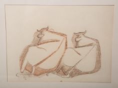 Unbekannter Künstler (wohl 20. Jh.), Rückansicht zweier nebeneinander liegender Kühe