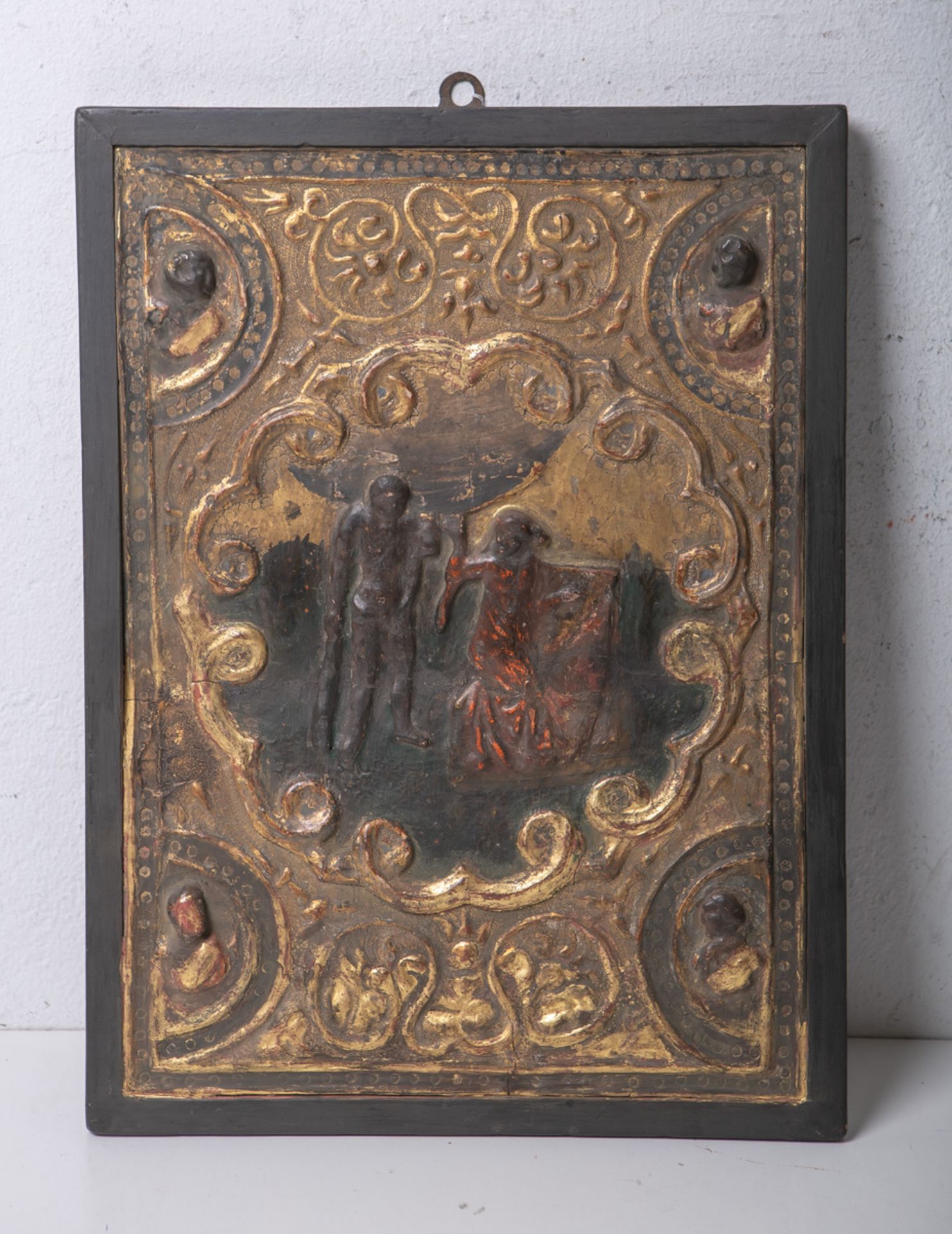 Alte Holzplatte m. einer mythologischer Szene (wohl Spanien od. Italien, 18. Jh.)
