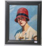 Unbekannter Künstler (20. Jh.), Portait einer jungen Dame m. rotem Hut (wohl 1920er Jahre)