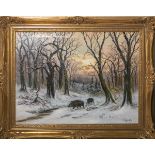 Heydendahl, Joseph Nicolai (1844 - 1906), Winterliche Landschaft m. zwei Wildschweinen (wohl Überläu