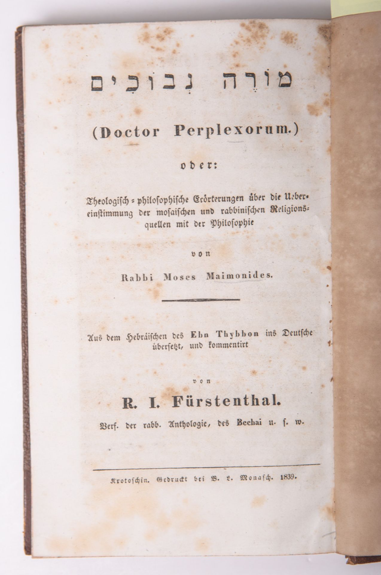 Rabbi Maimonides, Moses, "Doctor Perplexorum, oder: Theologisch-philosophische Erörtungen - Image 2 of 2