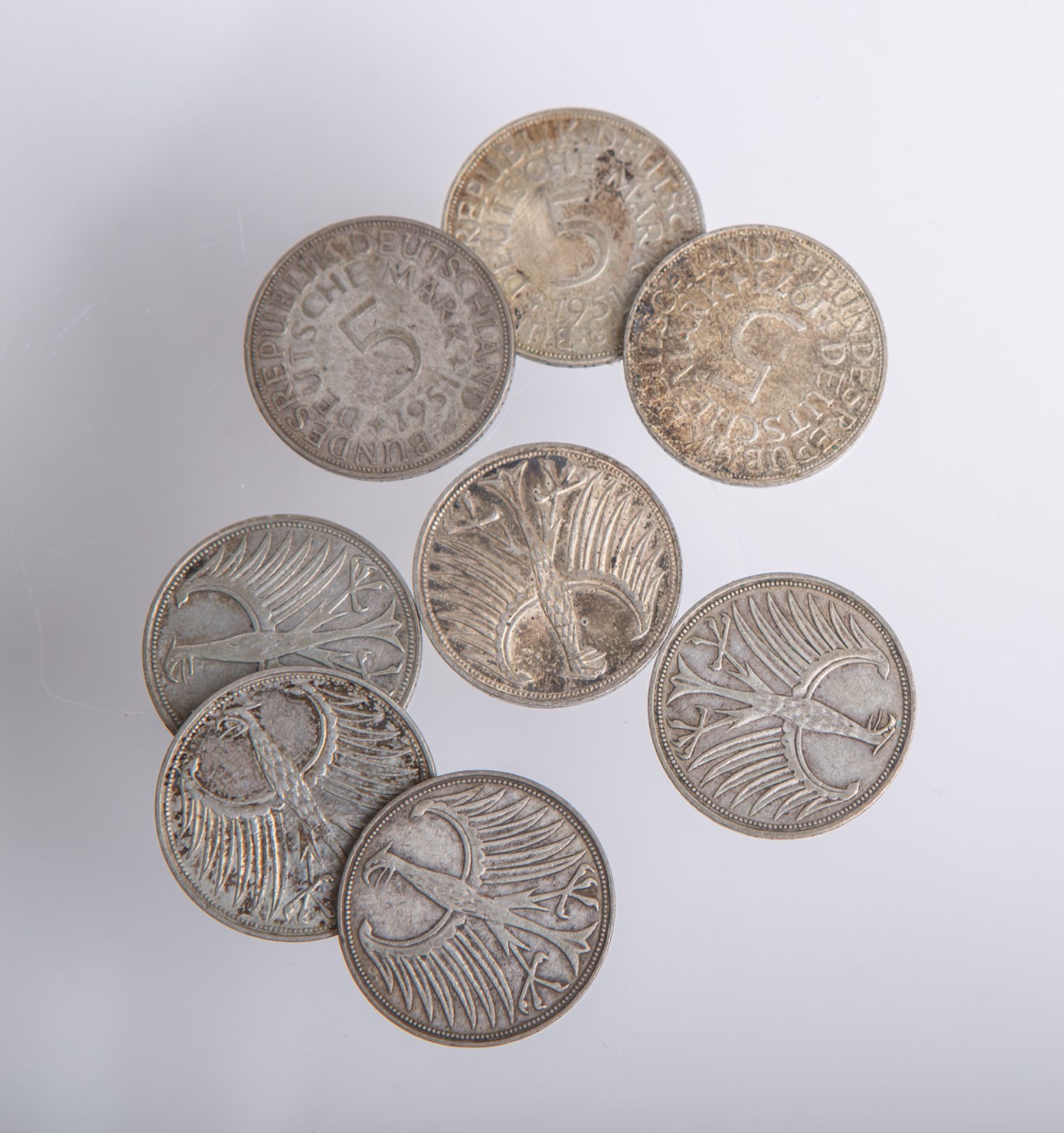 Konvolut von 5-DM-Münzen, sog. Silberadler (BRD), 8 Stück