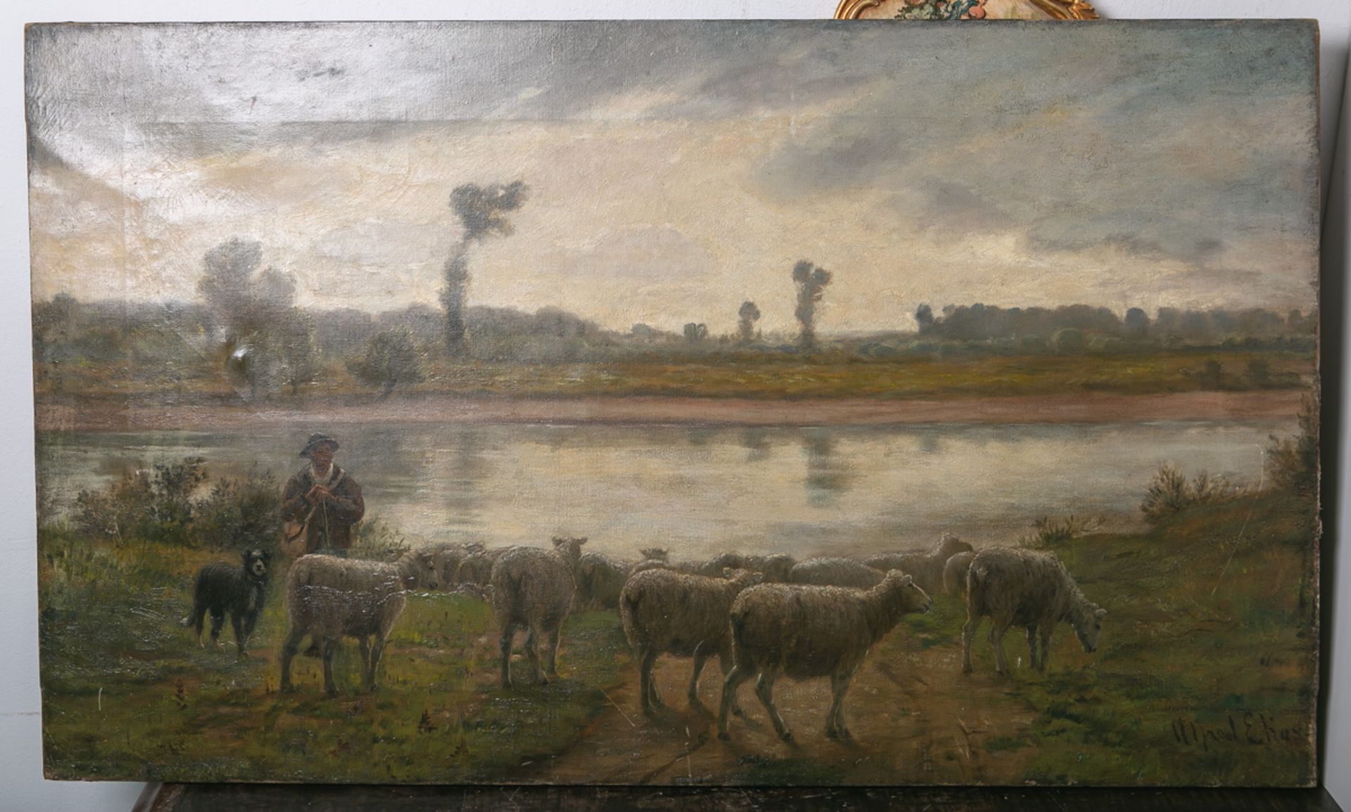 Elias, Alfred (act. 1885 - 1911), Schafherde m. Hirte und Hund vor einem Flußlauf - Image 2 of 2