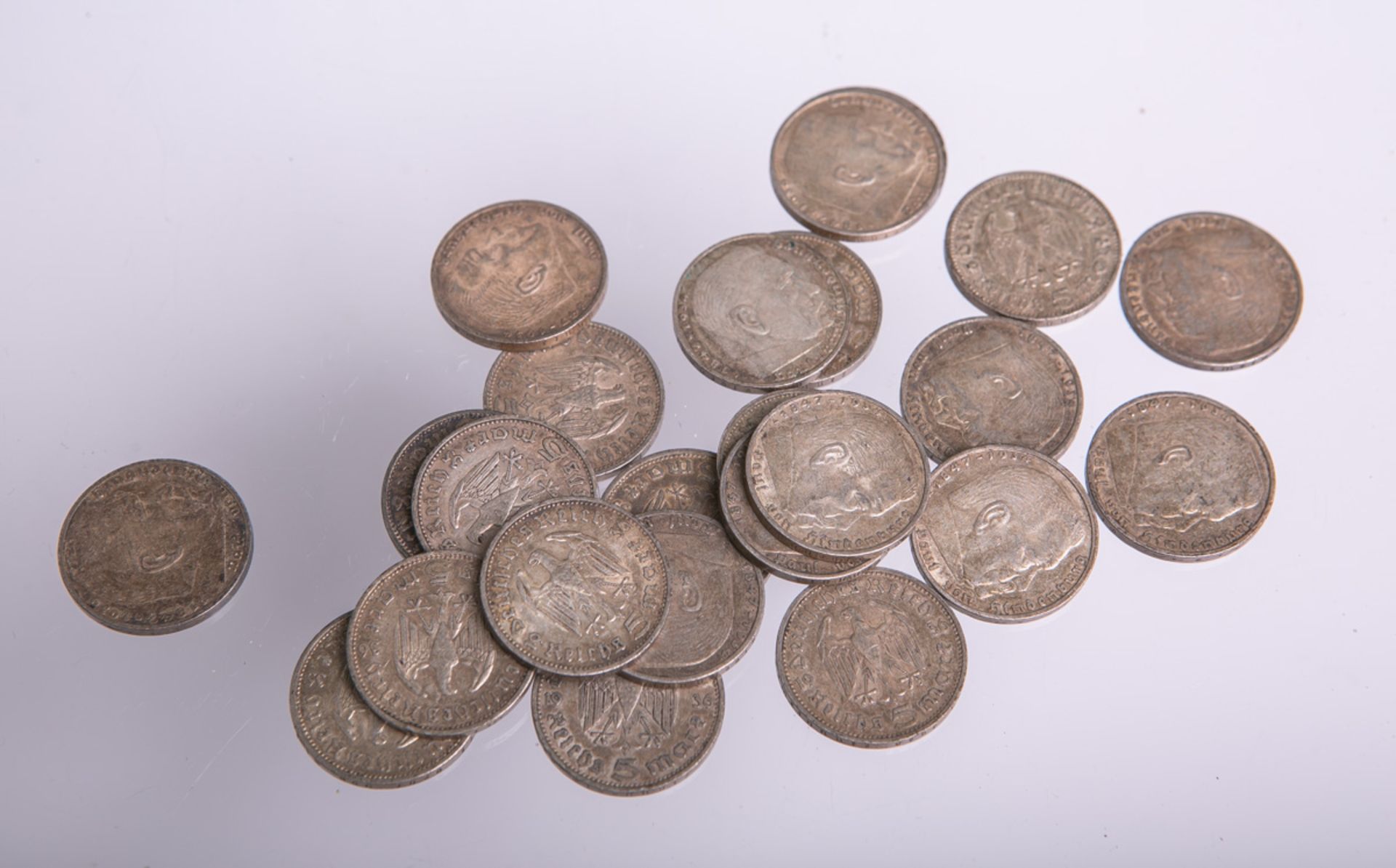 34-teiliges Konvolut von 5-RM-Münzen (Drittes Reich)