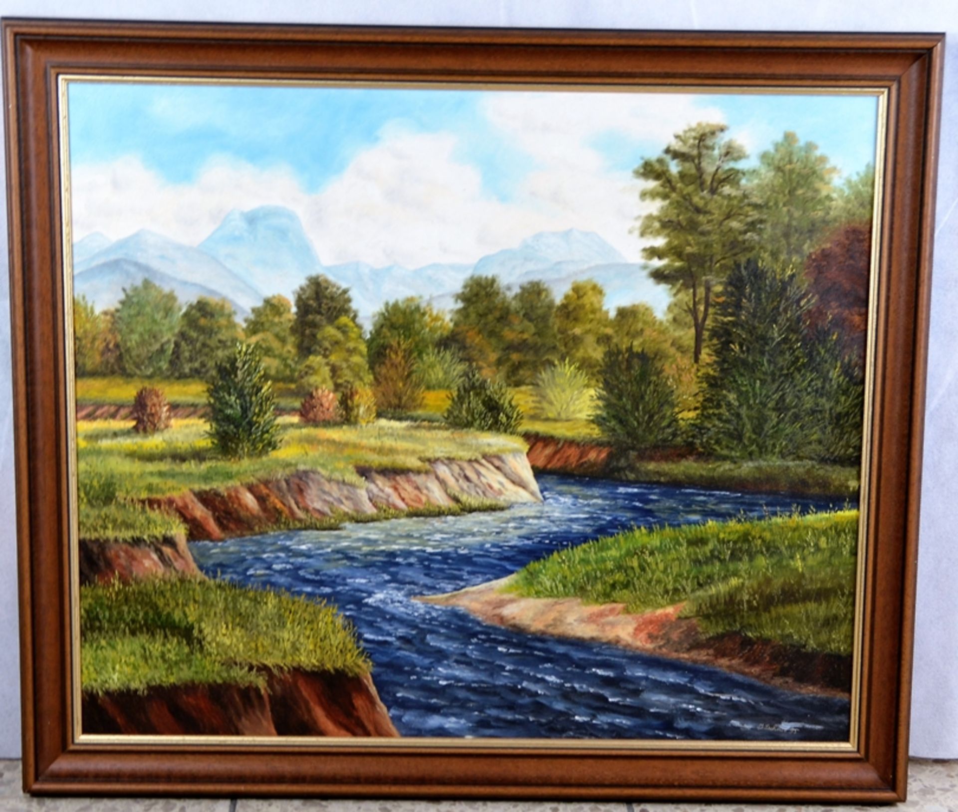 Öl Gemälde Wald- Flusslandschaft, signiert u. datiert "J. Lechner95" ca. 69 x 58 cm (mit Rahmen)