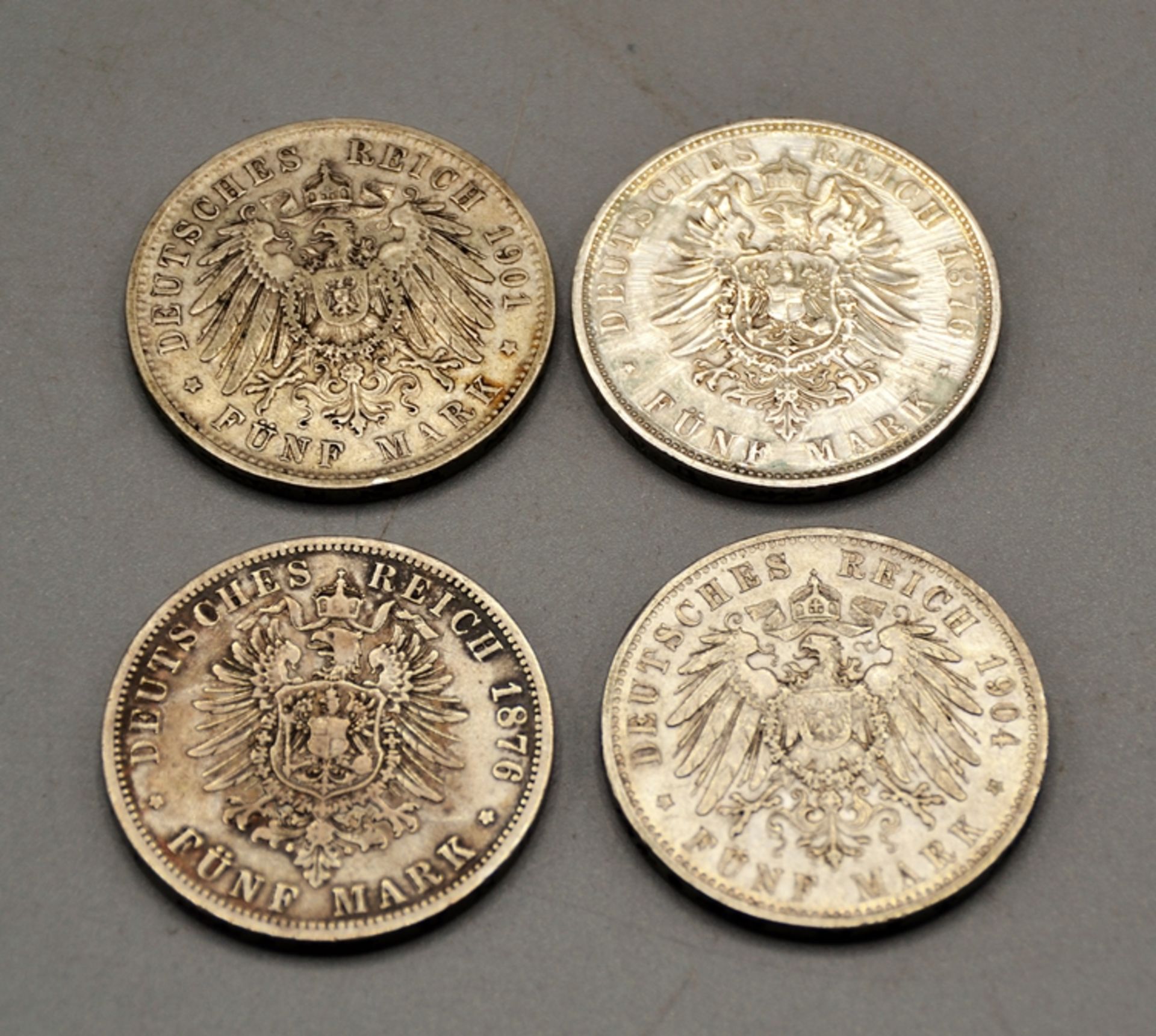 Konvolut 4 x 5 Mark Deutsches Reich, darunter 5 Mark 1901 D Otto Bayern, 5 Mark 1876 B Wilhelm I Pr - Bild 2 aus 2