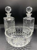 Two decanters and one cut glass bowl