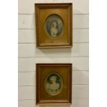 A pair of 18th century style lady portraits, framed and glazed, (18x14 cm). (2)