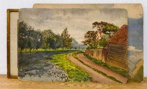 A group of 3 watercolours depicting landscapes, one framed and glazed, (38.5x54 cm largest). (3)