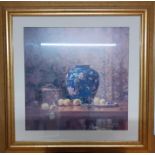 A large print depicting a Still life with a blue chinese vase and fruits, gilded framed and