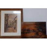 A 19th century pair of views with chirch, oil on canvas and a watercolour, unsigned, (20x30 cm
