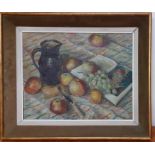 A 20th century English school, 'Still life with apples and books', unsigned, oil on panel, framed (