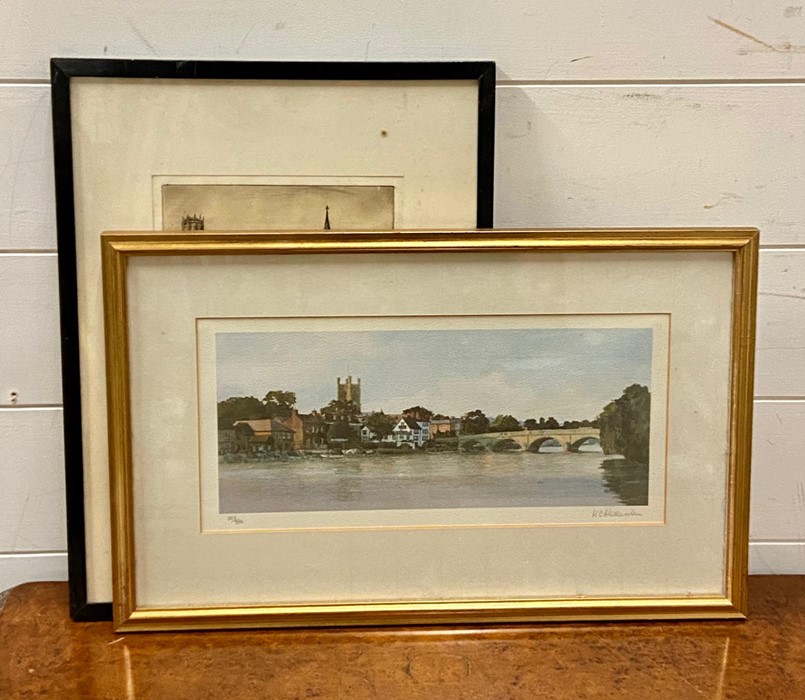 A pair of prints, "Henley on Themes" and "Bruges", framed and glazed (16x34 cm largest). (2)