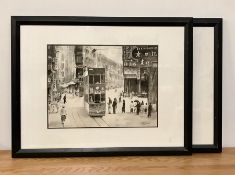 A Pair of Chinese washed inks depicting Hong Kong city scenes, "Queen's Road" and "The Wanchai