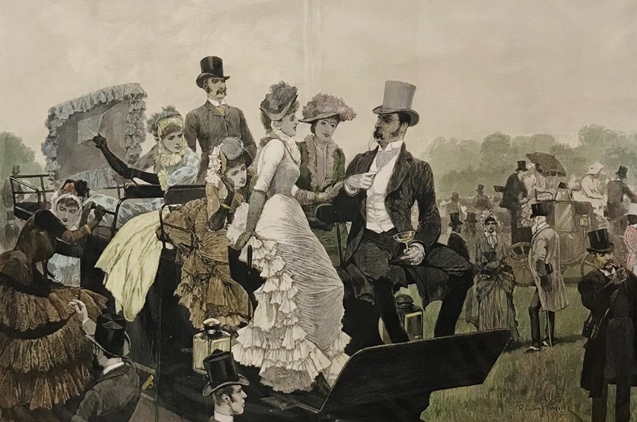 After Richard Caton Woodville Jr ROI (1856-1927) British, "A Turf Secret", a hand coloured print, - Image 4 of 4