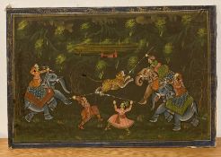 A Mughal Empire style painting on silk laid on board of a tiger hunt, with elephants and figures