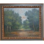 A 20th century English school, 'A path in the woods', illegibly signed (Weber?) lower right, oil