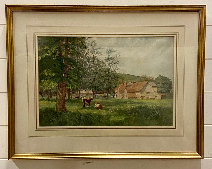 James Thomas Watts R.C.A., R.B.S.A. (1853-1930) British, 'View of a farm with cattle', signed