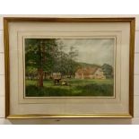 James Thomas Watts R.C.A., R.B.S.A. (1853-1930) British, 'View of a farm with cattle', signed