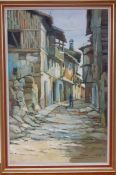 A 20th century Continental school, 'Village street', illegibly signed, oil on canvas, framed (