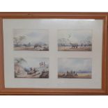 A group of four prints depicting scenes during a rhinos hunt, within a wooden frame and glazed, (
