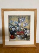 A 20th century English school, Still life with apples and Irises, signed: "Pat Wingrove" lower