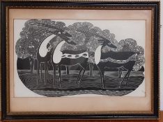 A grattage drawing depicting three gazelles, unsigned, framed and glazed (18.5x31 cm).