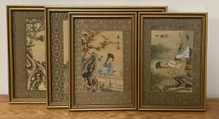 A group of four Chinese silk paintings, depicting young women in gardens and framed with brocade