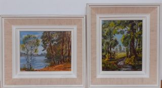 A pair of landscapes, signed 'M.Bowman', oil on panel, framed, (24x19 cm) (2)