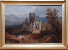 A 19th century English school, 'Landscape with cathedral ruins', unsigned, oil on canvas, within