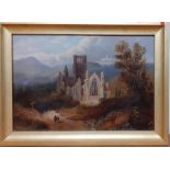 A 19th century English school, 'Landscape with cathedral ruins', unsigned, oil on canvas, within