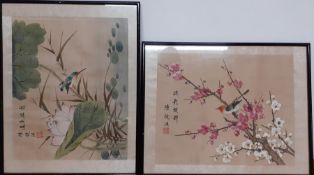 A 20th century Chinese silk and paper paintings, depicting birds on brenches and a black horse,