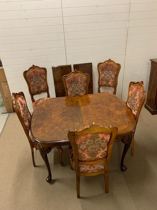 An extending dining table with moulded top on pad feet, two leaves and six upholstered chairs (Table - Image 9 of 9