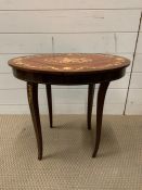 A marquetry table with hinged top, which is a music box, music plays when lid is lifted. (H50cm